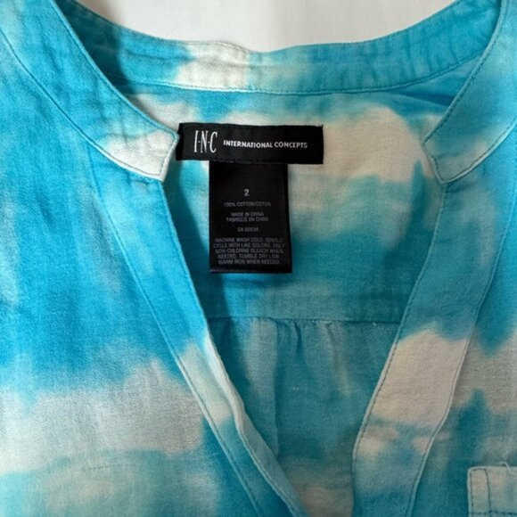 Tye Dye Rhinestone Button Front Tie Blouse Blue - Picture 4 of 6